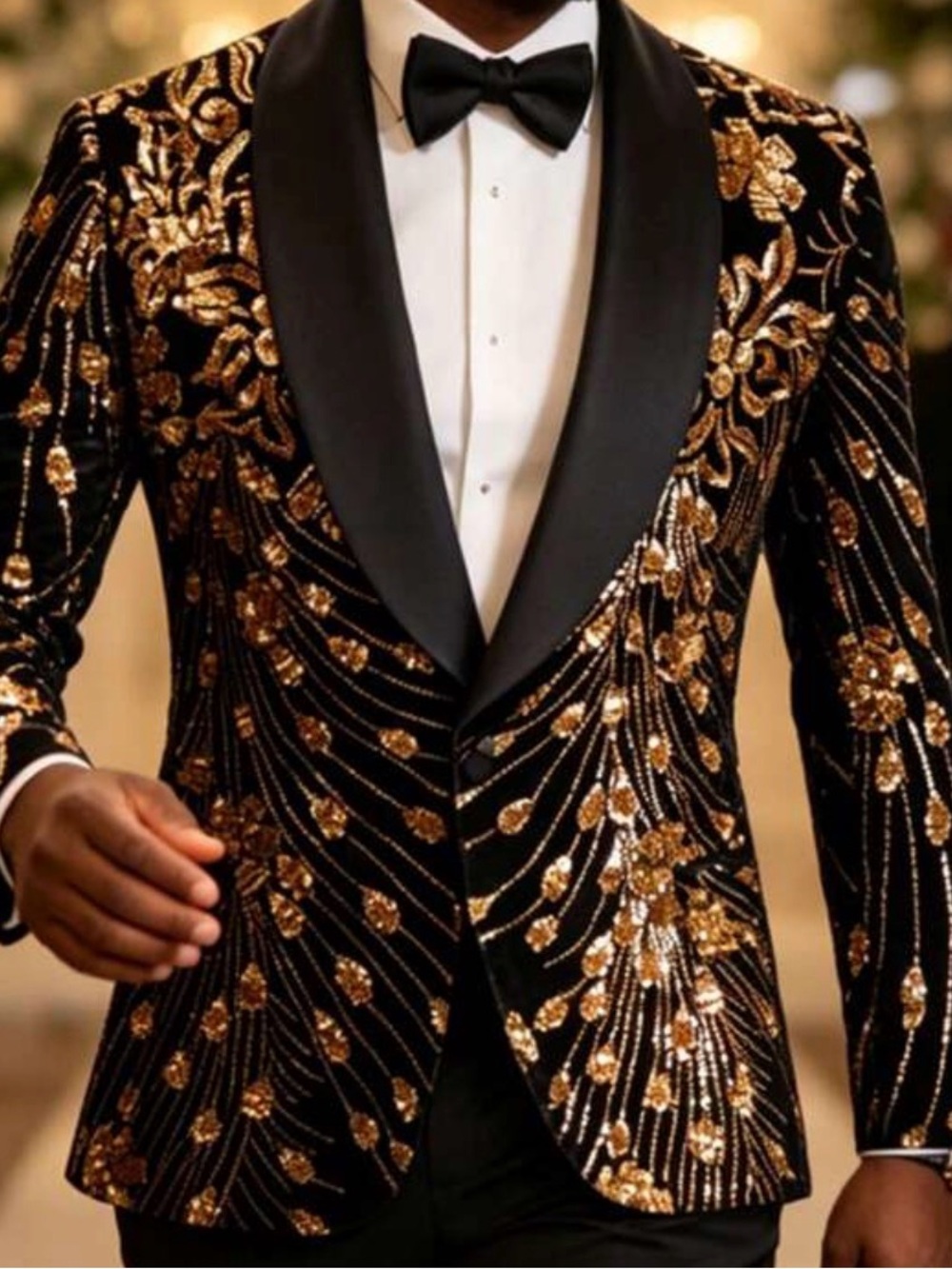 Men’s Sequins Black Velvet Jacket with Gold Sequin Embellishment
